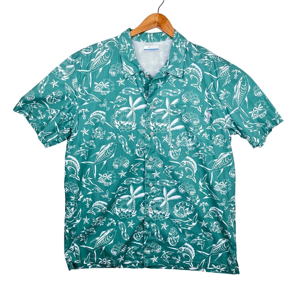 Columbia green sailor tattoo print button down fishing casual shirt men’s large